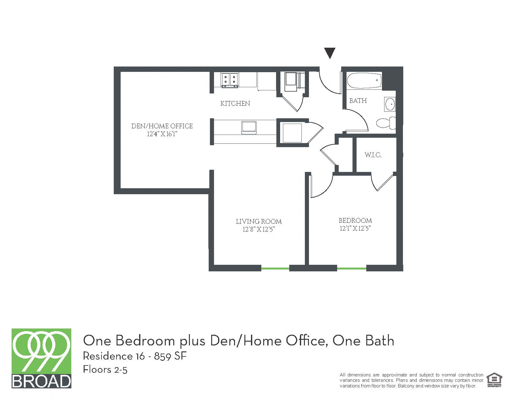 Floor plan for 1 bed, 1 bath, 859 sqft